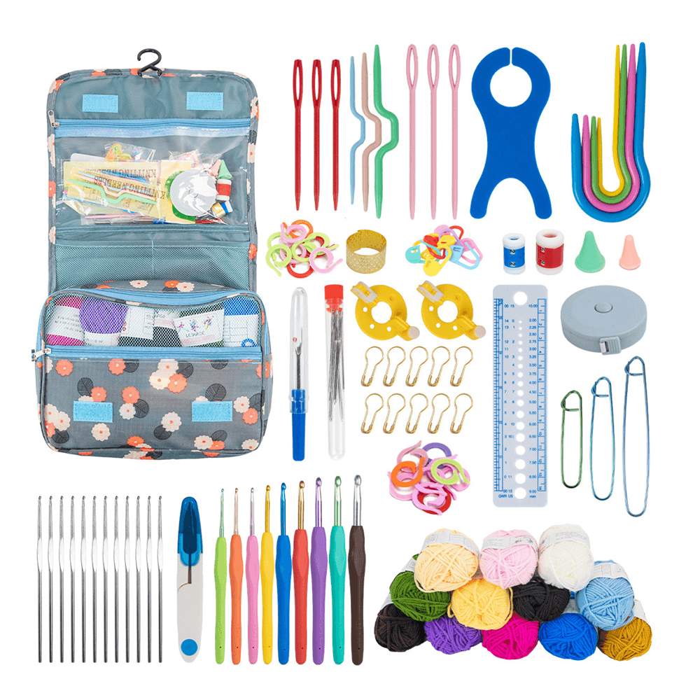 DIY knitting set with 48 tools, including yarn, hooks, needles, and accessories for crafting enthusiasts.