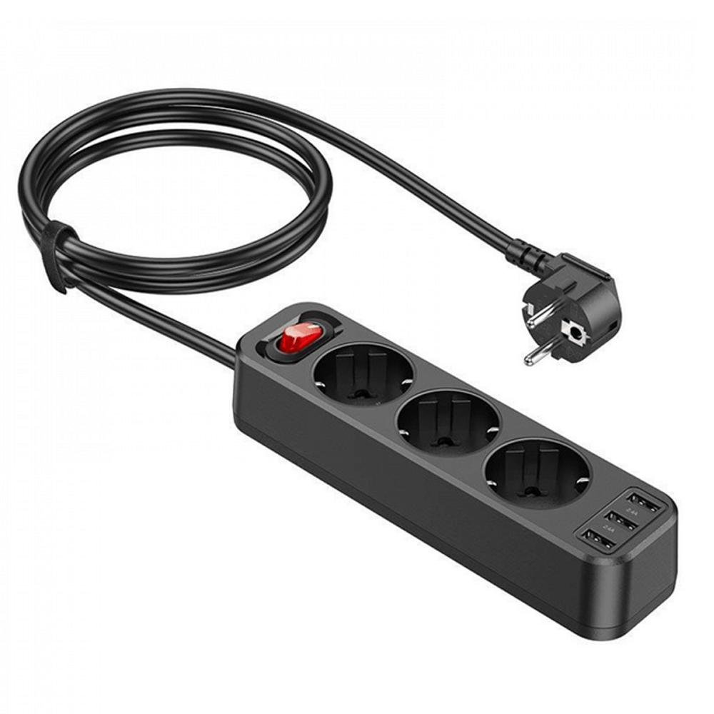დამაგრძელებელი (3 როზეტი + 3 USB 2,4A) Hoco NS2 18W 1.8მ