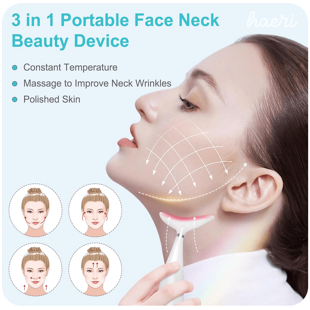 3 in 1 portable face and neck beauty device promoting polished skin and improved neck wrinkles with constant temperature massage.