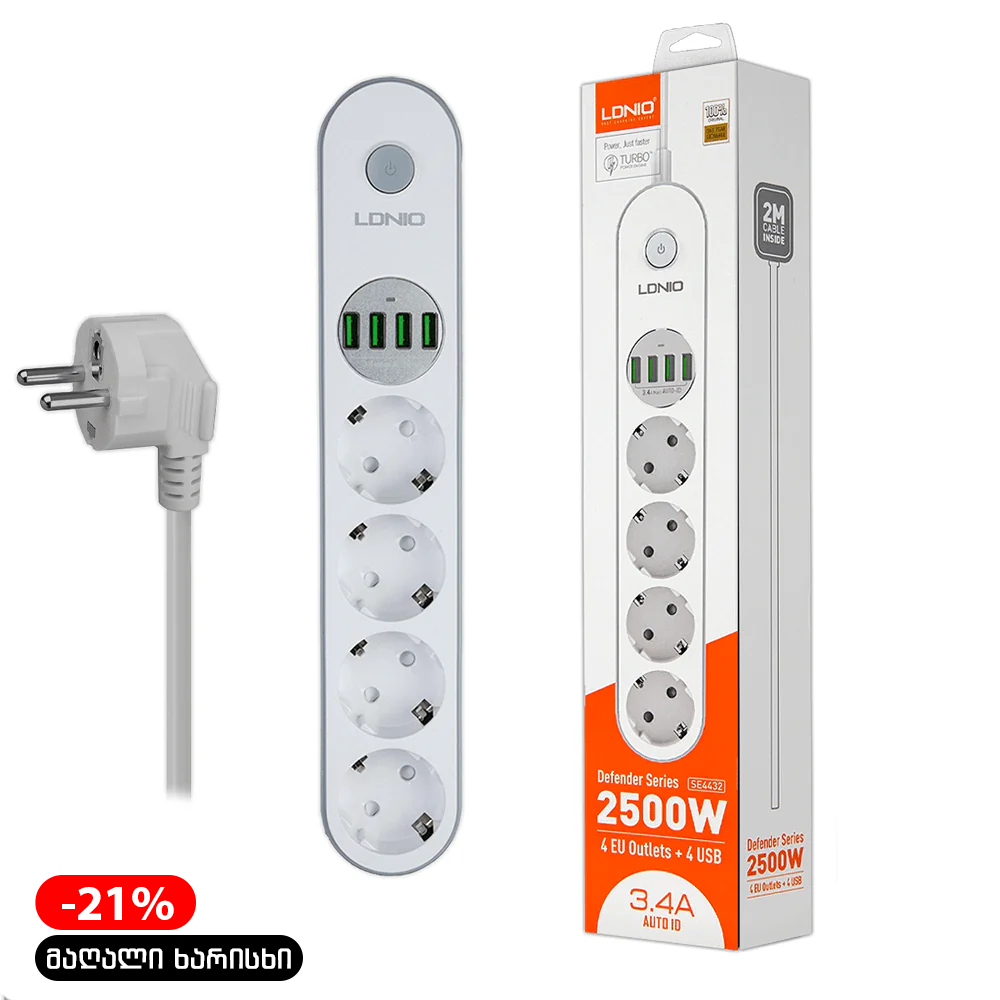 დამაგრძელებელი 2მ (4 როზეტი + 4 USB 3.4A) LDNIO SE4432
