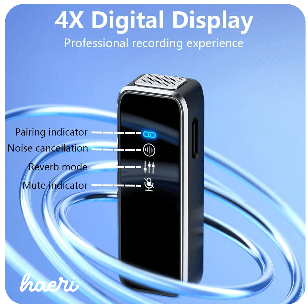 Wireless microphone with 4X digital display showing pairing, noise cancellation, reverb, and mute indicators for professional recording.