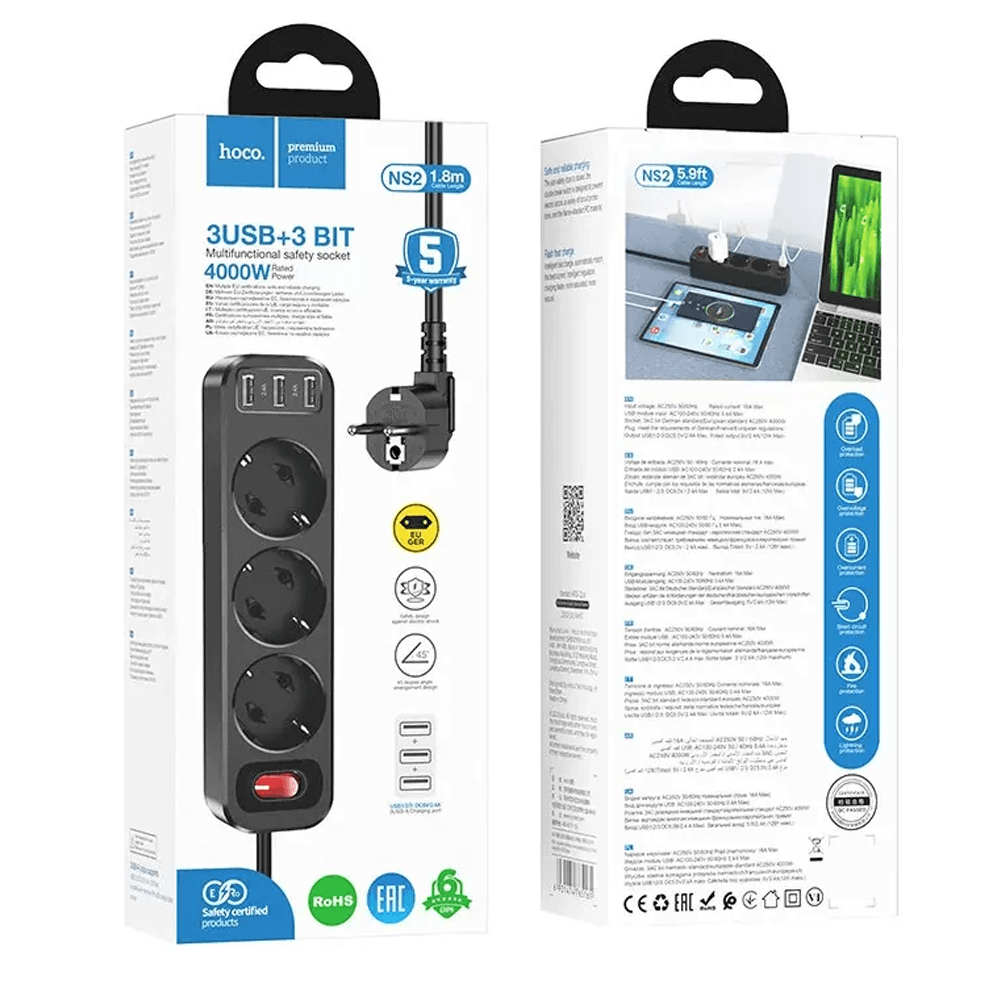 დამაგრძელებელი (3 როზეტი + 3 USB 2,4A) Hoco NS2 18W 1.8მ