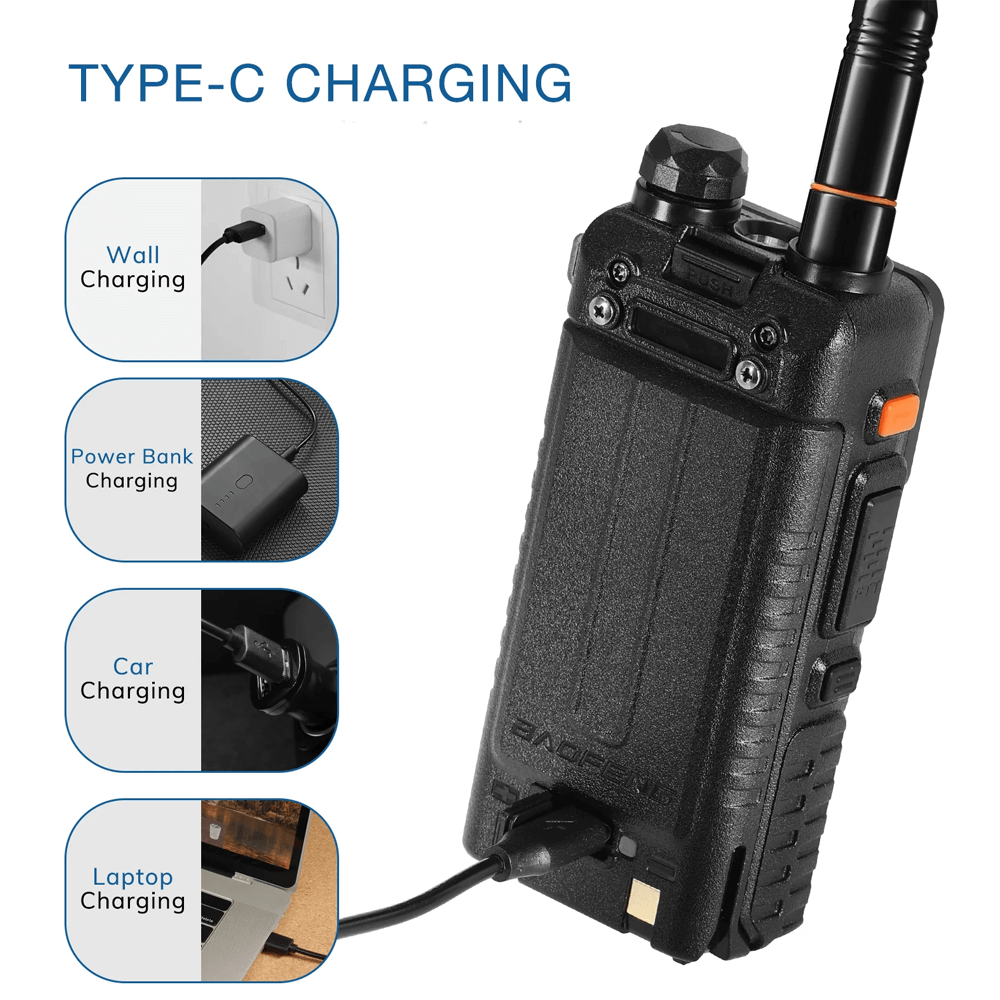 Baofeng UV-5RH 10W two-way radio showcasing Type-C charging options including wall, power bank, car, and laptop.
