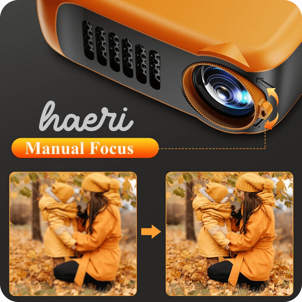 Close-up of A2000 mini projector with manual focus feature, showing image improvement with mother and child in autumn attire.