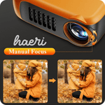 Close-up of A2000 mini projector with manual focus feature, showing image improvement with mother and child in autumn attire.