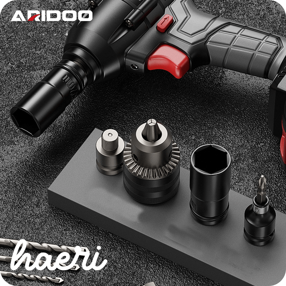 ARIDOO 21V impact wrench and accessories, featuring various drill bits and attachments on a gray background.