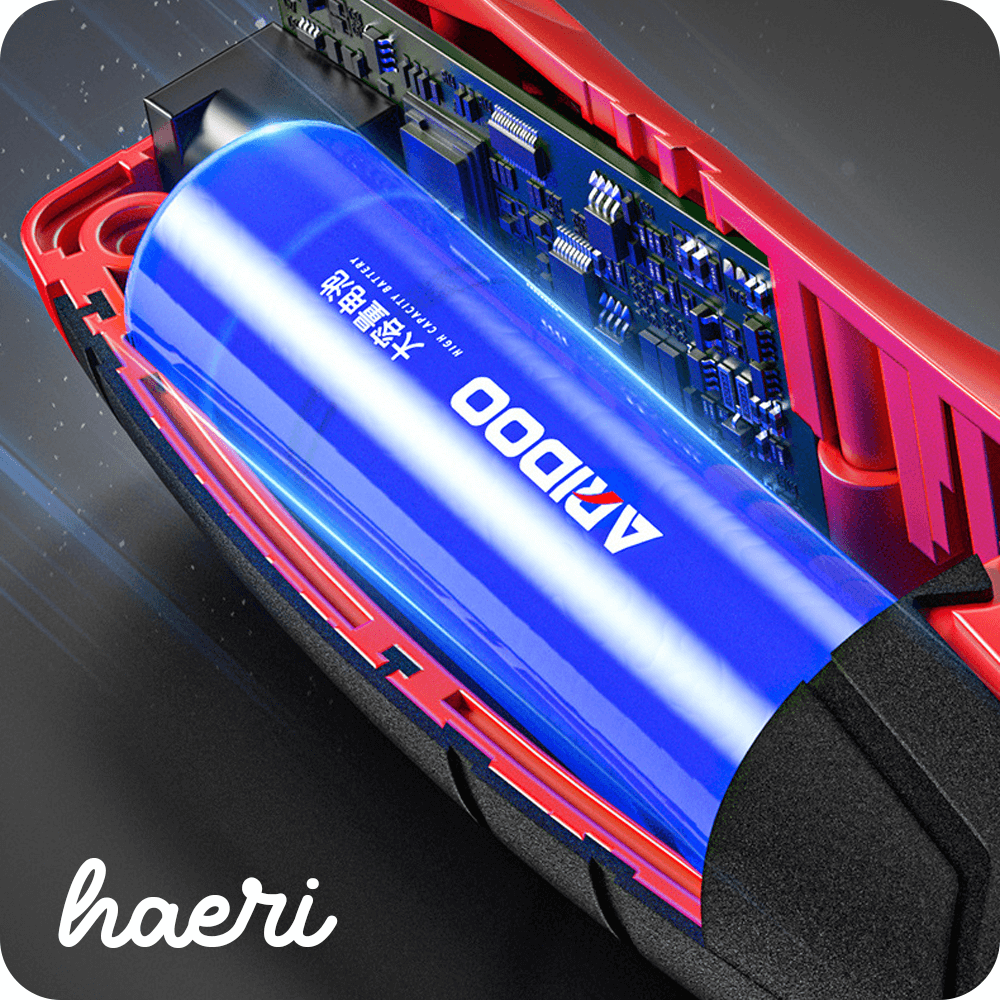 Inside view of ARIDOO electric scissors battery, showcasing 4.2V power and high-performance design.