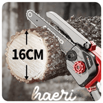 Mini chainsaw ARIDOO cutting wood log with 16cm diameter, showcasing the powerful 21V design.