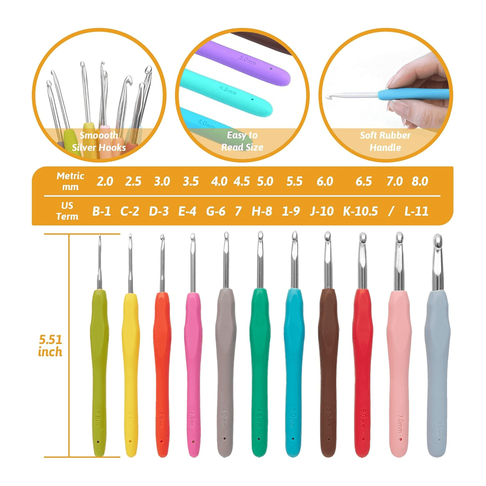 Colorful crochet hook set with smooth silver hooks and soft rubber grips, sizes from 2.0 to 8.0 mm.