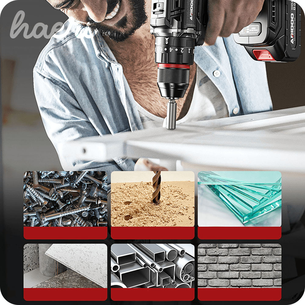 ARIDOO 21V cordless drill in use, showcasing materials like metal, wood, glass, concrete, and brick.