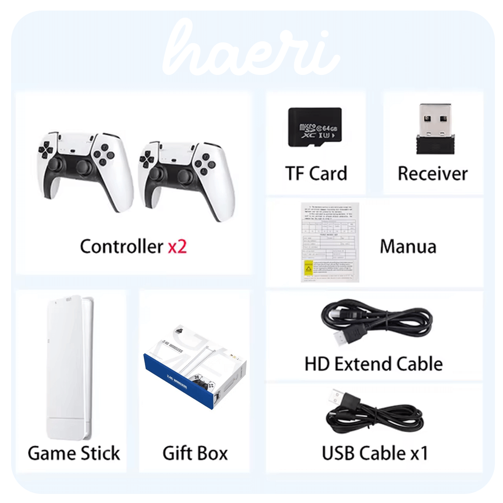 Components of Haeri gaming package: two controllers, TF card, receiver, manual, game stick, gift box, HD extend and USB cables.