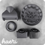Various hair dryer attachments on a gray background, including a diffuser and concentrator nozzle.