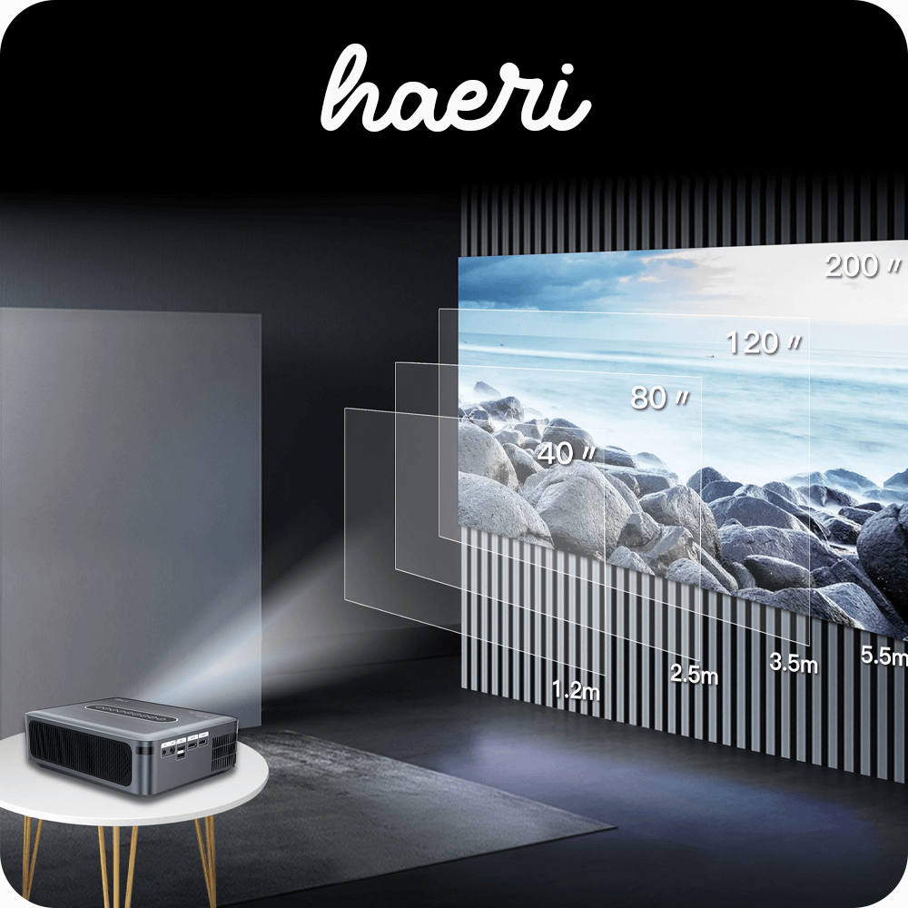 Projector displaying screen sizes from 40 to 200 inches in a modern room, showcasing different projection distances.