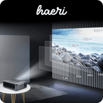 Projector displaying screen sizes from 40 to 200 inches in a modern room, showcasing different projection distances.