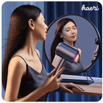Person using a modern gray hair dryer with mirror reflection in a stylish setting.