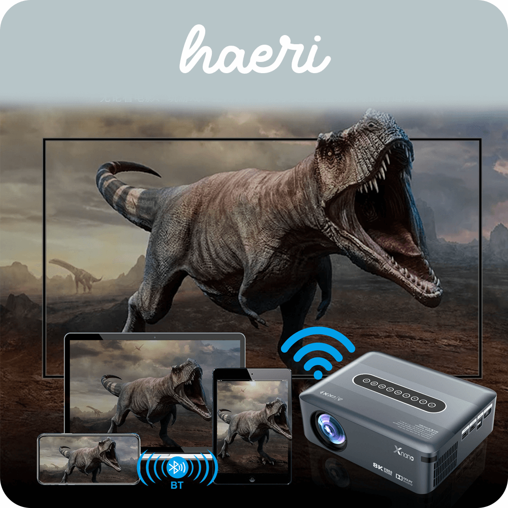 Xnano X1 projector displaying dinosaur image on multiple devices with wireless connectivity icons.