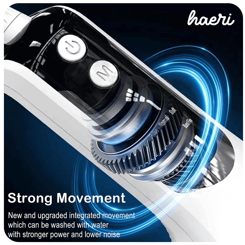 Close-up of black L12 oral irrigator showing controls and water-resistant design with IPX7 protection, highlighting strong movement.