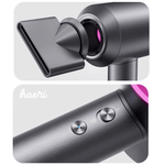 Innovative hair dryer with nozzle and control buttons, featuring ionization function for efficient styling.