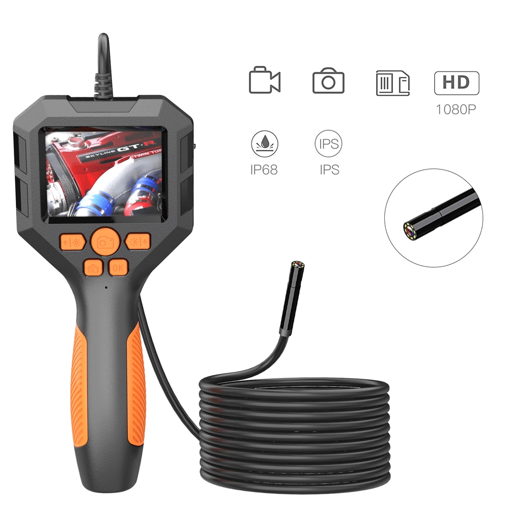 1080p HD endoscope camera with 10m cable, IPS screen, and waterproof IP68 rating for inspections.
