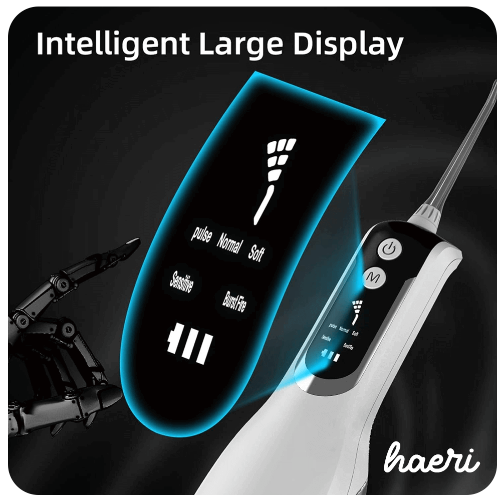 Black L12 oral irrigator with intelligent large display showing modes like pulse, normal, soft, sensitive, and basic fire.