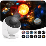 4K HD Cosmos Projector Light with LED, displaying a galaxy theme with planets and stars; includes 12 film reels and Type-C cable.