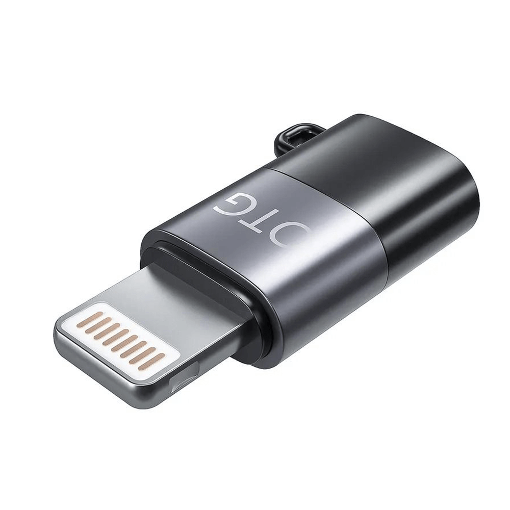 OTG Lightning to Type-C adapter for microphone, data transfer, charging; Lightning male to Type-C female connector.