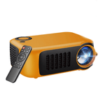 Yellow A2000 mini projector with remote control, LED technology, lightweight design, ideal for kids and portable use.