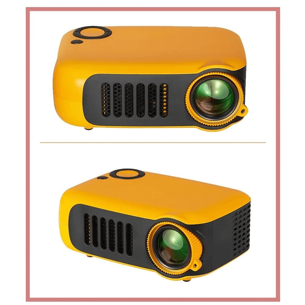 A2000 yellow mini projector for kids, portable design, LED lighting, high contrast ratio, ideal for easy carry and small spaces.