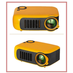 A2000 yellow mini projector for kids, portable design, LED lighting, high contrast ratio, ideal for easy carry and small spaces.