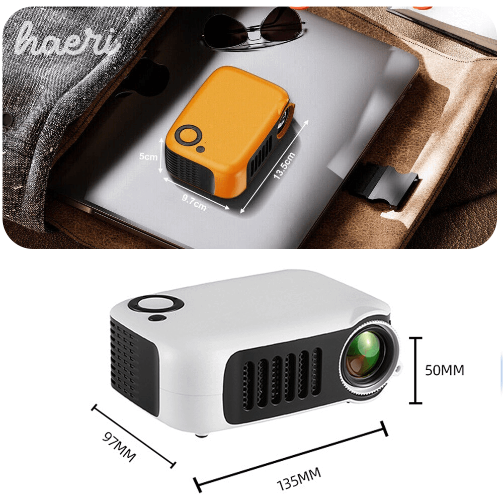 A2000 Mini Projector in yellow, compact design, shown with measurements: 135mm x 97mm x 50mm. Ideal for portable use.