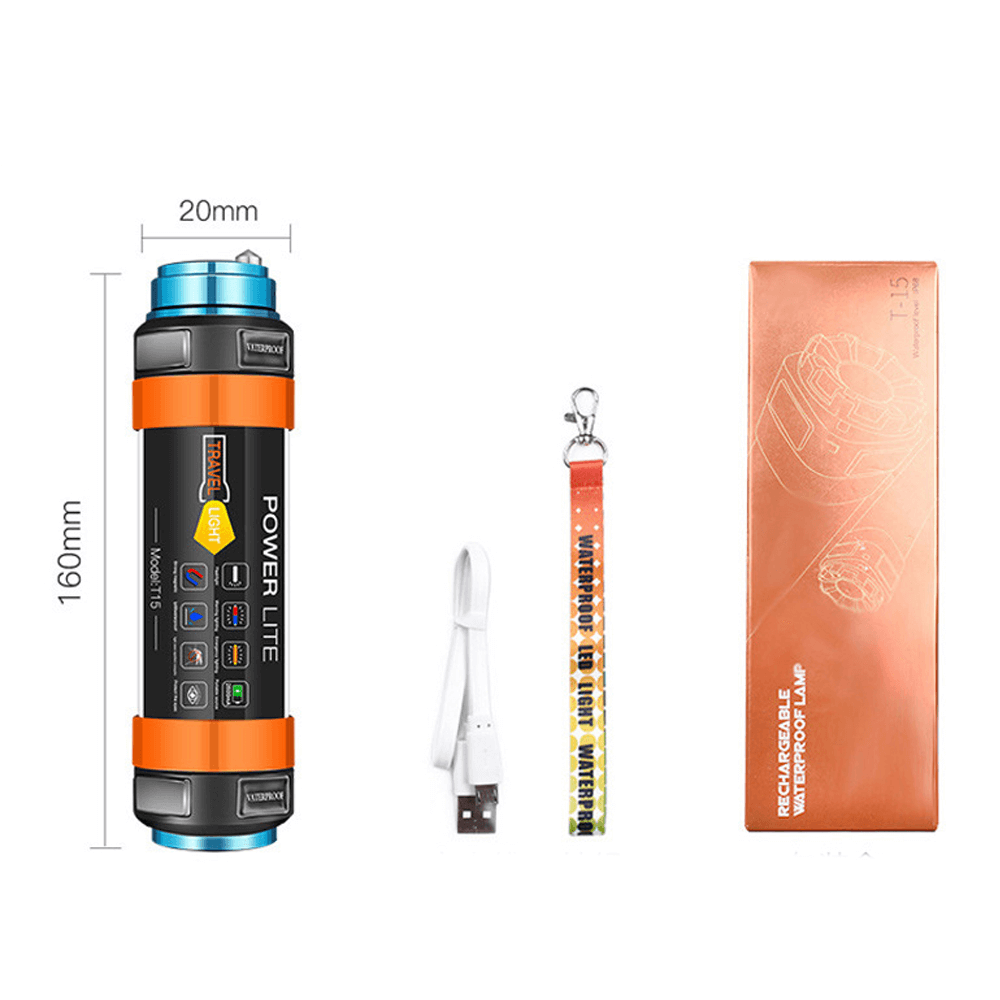 Smiling Shark T15 multi-functional LED camping lamp with USB charger, compact design and waterproof features.