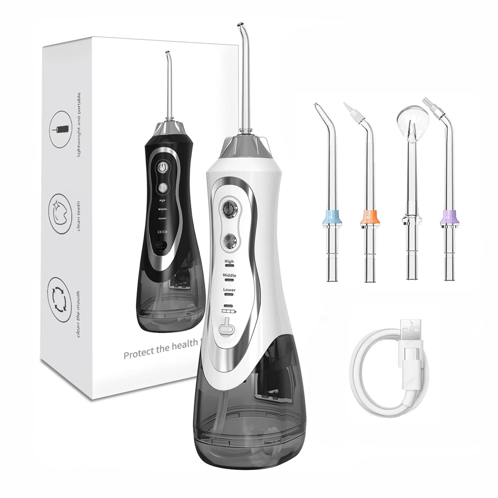 White oral irrigator with four nozzles, 1100 mAh battery, 300 ml water tank, 3 modes, and USB charging cable. High pressure, IPX7 waterproof.