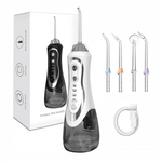 White oral irrigator with four nozzles, 1100 mAh battery, 300 ml water tank, 3 modes, and USB charging cable. High pressure, IPX7 waterproof.