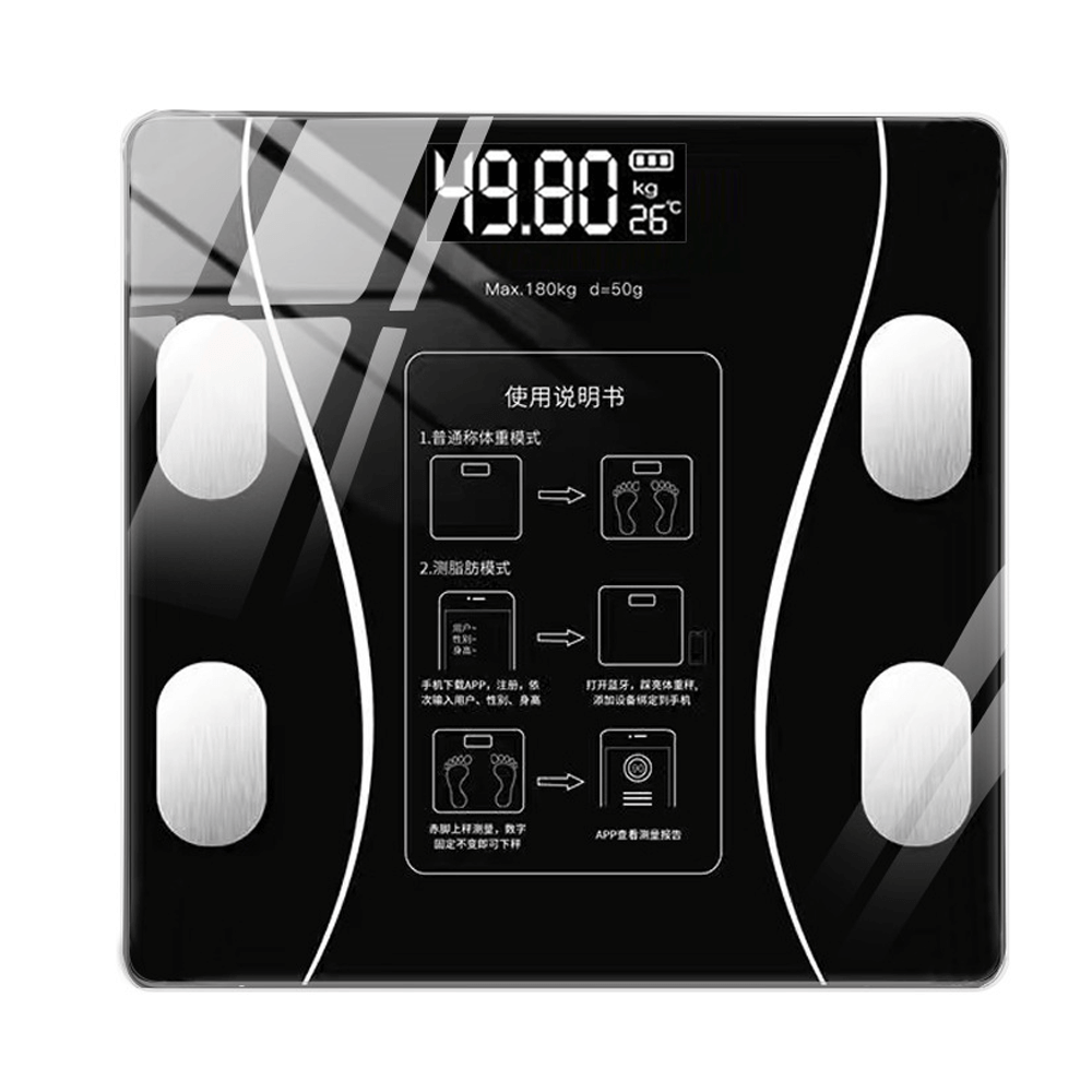 Personal electronic scale with black design, LCD screen, and ultra-precise sensors, max weight 180kg.