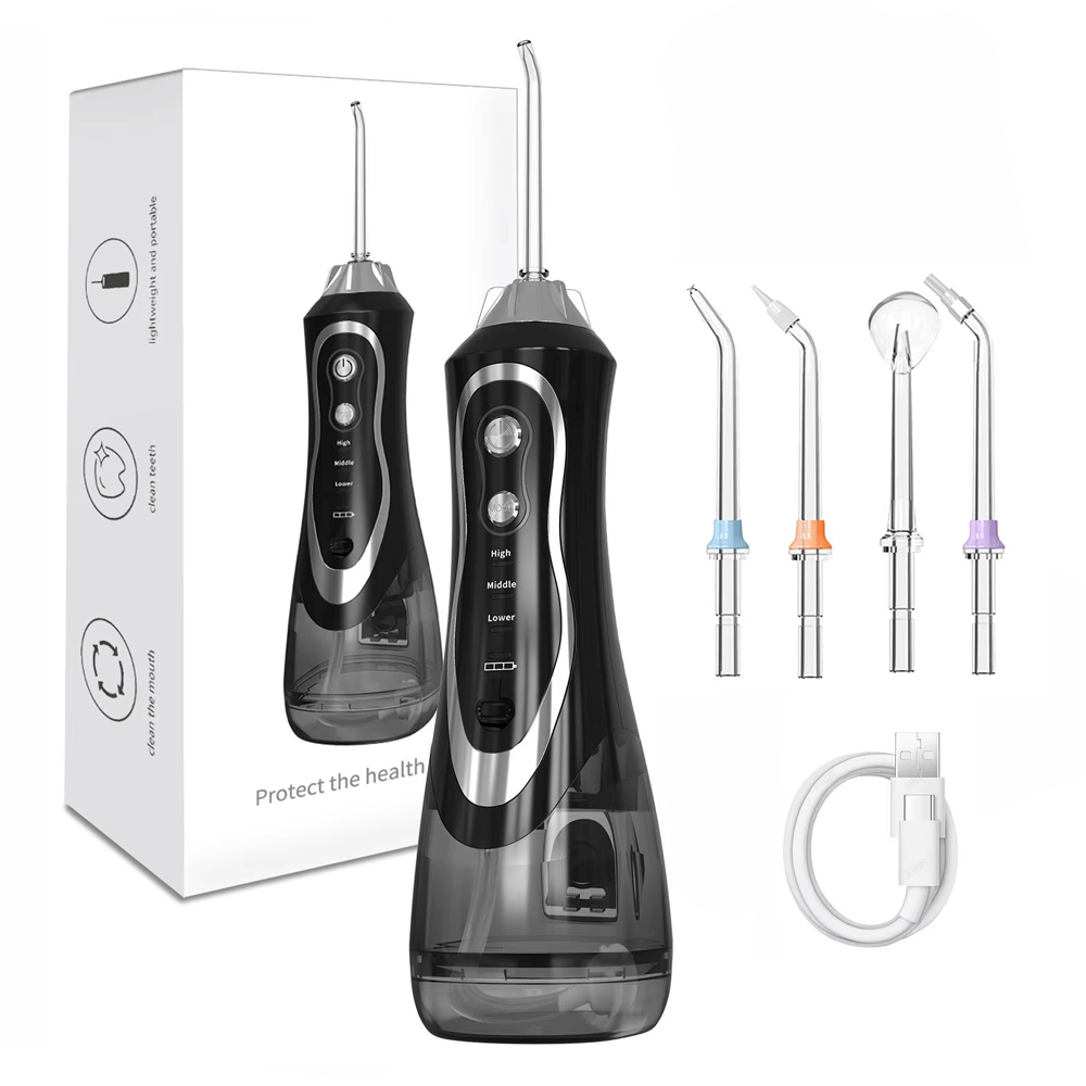 Black oral irrigator set with multiple nozzles and USB charger, 300ml water tank, and IPX7 waterproof for dental care.
