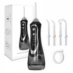 Black oral irrigator set with multiple nozzles and USB charger, 300ml water tank, and IPX7 waterproof for dental care.