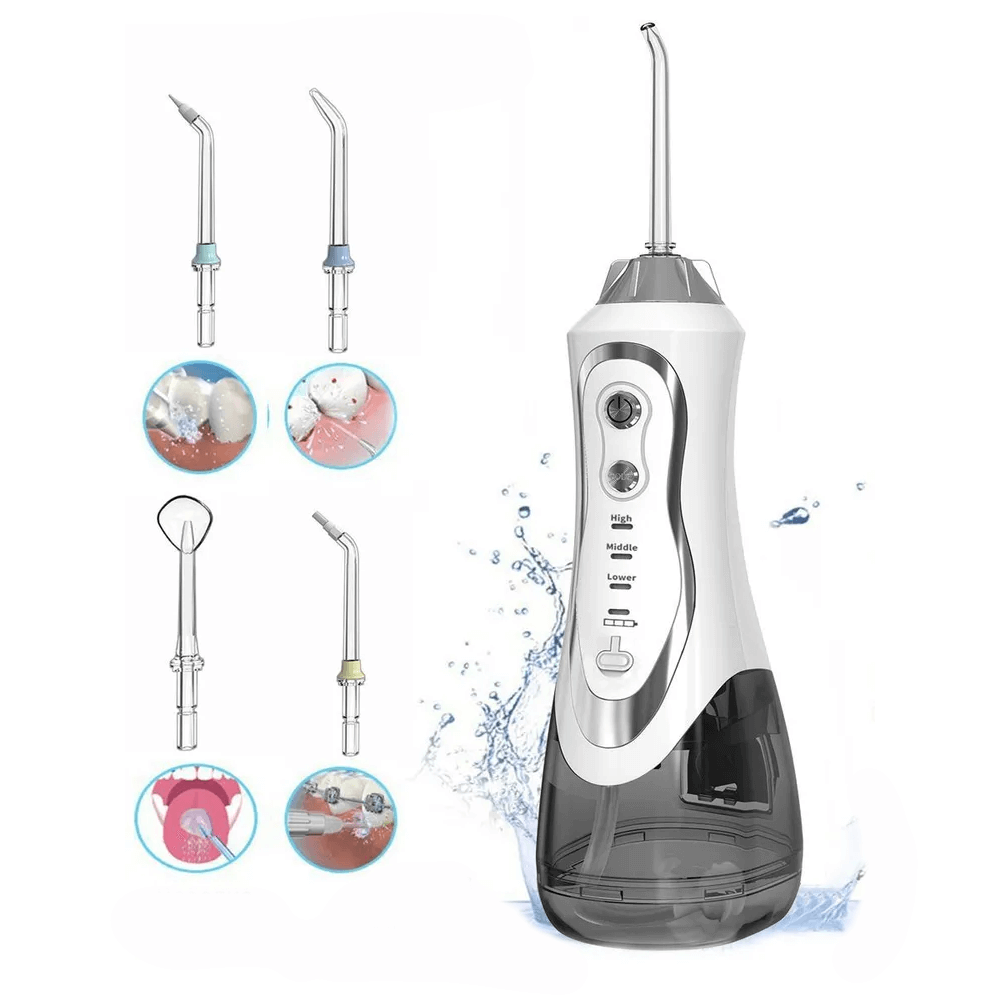 White oral irrigator with 300ml water tank, IPX7 protection, 4 attachment heads, 3 modes, and 1400-1800 pulses/min, suitable for dental care.