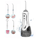 White oral irrigator with 300ml water tank, IPX7 protection, 4 attachment heads, 3 modes, and 1400-1800 pulses/min, suitable for dental care.