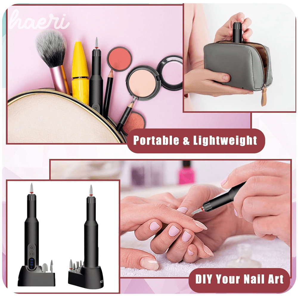 Portable and lightweight nail art device, perfect for DIY nail care, showcased with cosmetics and user application.