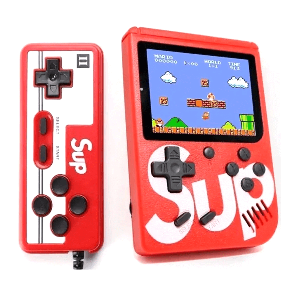 Portable retro gaming console SUP with controller and colorful LCD screen displaying classic game.