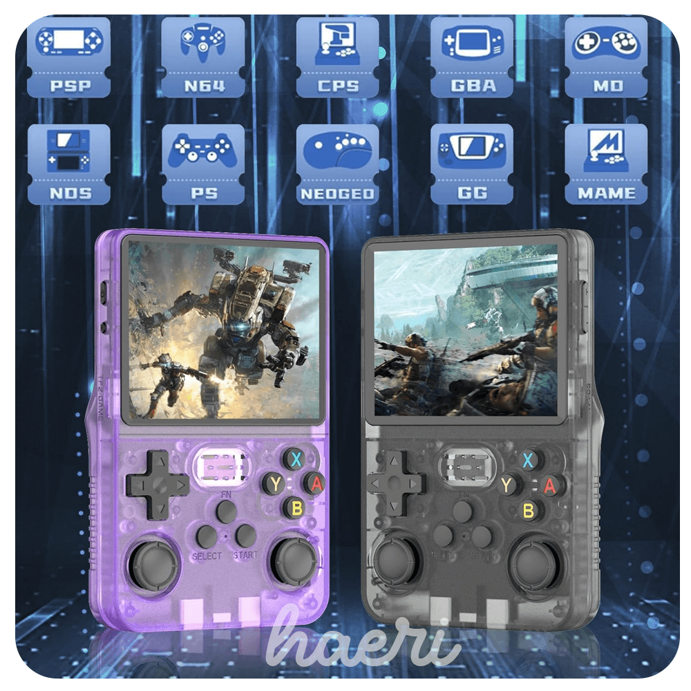 Retro handheld gaming consoles displaying vibrant game graphics and various gaming platform logos.