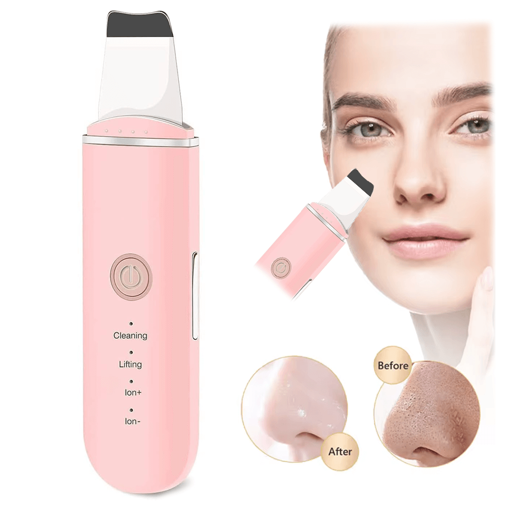 Portable ultrasonic facial skin scrubber in pink, demonstrating skin cleansing effects before and after use.