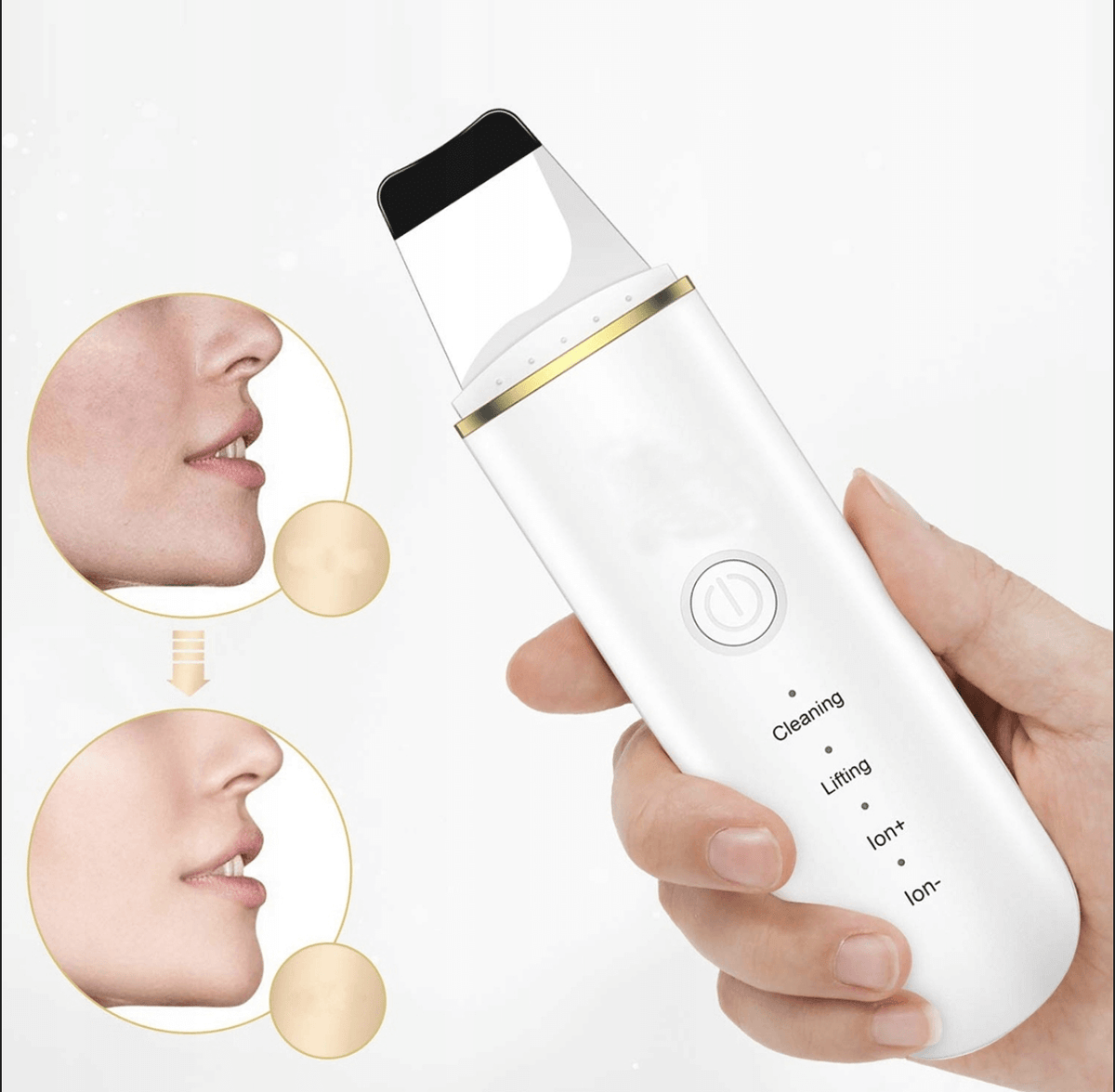 Hand holding a white ultrasonic skin scrubber for deep facial cleansing and lifting.