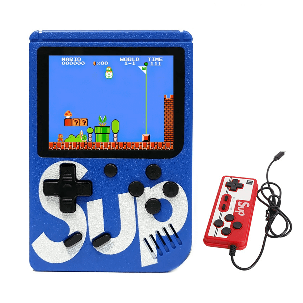 პორტატული რეტრო სათამაშო კონსოლი SUP, LCD ეკრანით და ორმაგი ჯოისტიკით. 400 თამაში, ლურჯი ფერი.