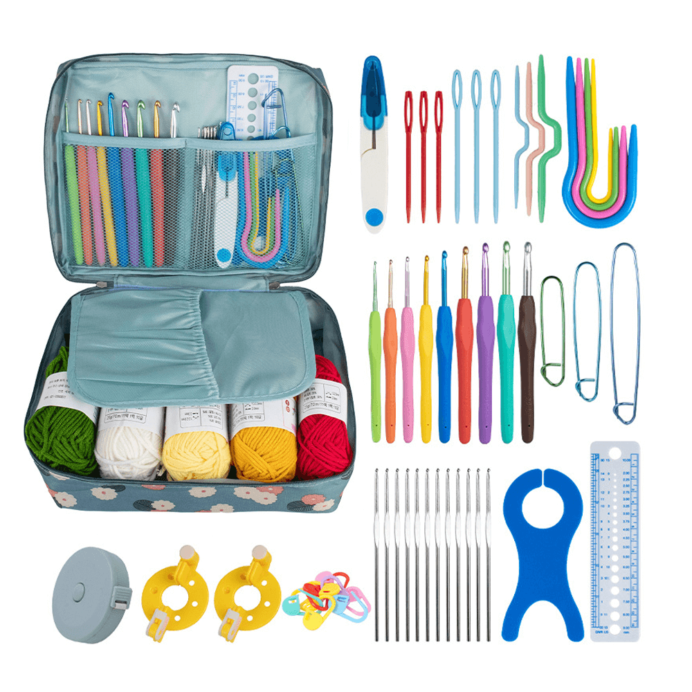 DIY knitting kit with 58 colorful tools, yarns, and accessories for crafting sweaters, hats, and more.