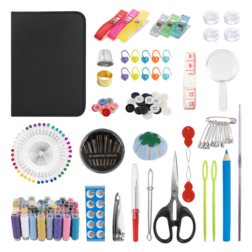 Complete sewing kit with organizer, needles, threads, scissors, and measuring tape, ideal for crafting and sewing projects.