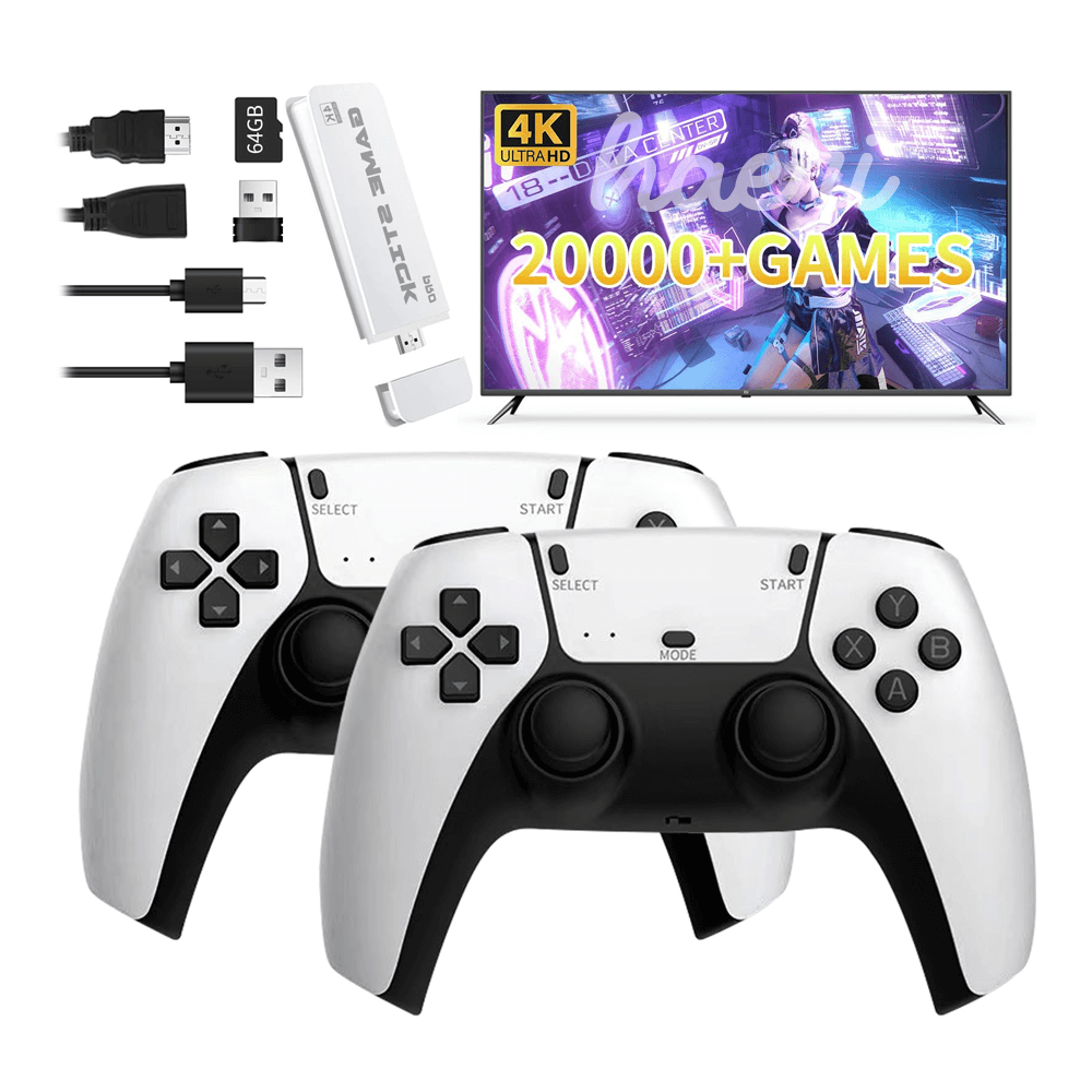 4K Game Stick M8 Pro set with dual controllers and 20,000 retro games for gaming enthusiasts