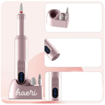 Wireless nail drill for gel removal with charging dock, 3 speed settings and six drill bits, in pink color.