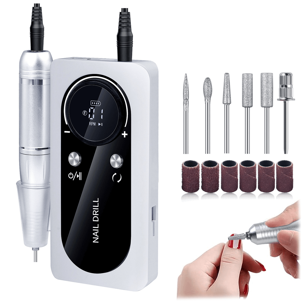 Wireless Nail Drill V2 for manicure and pedicure with 5 attachments, adjustable speed up to 45,000 RPM, Type-C charging, in white.