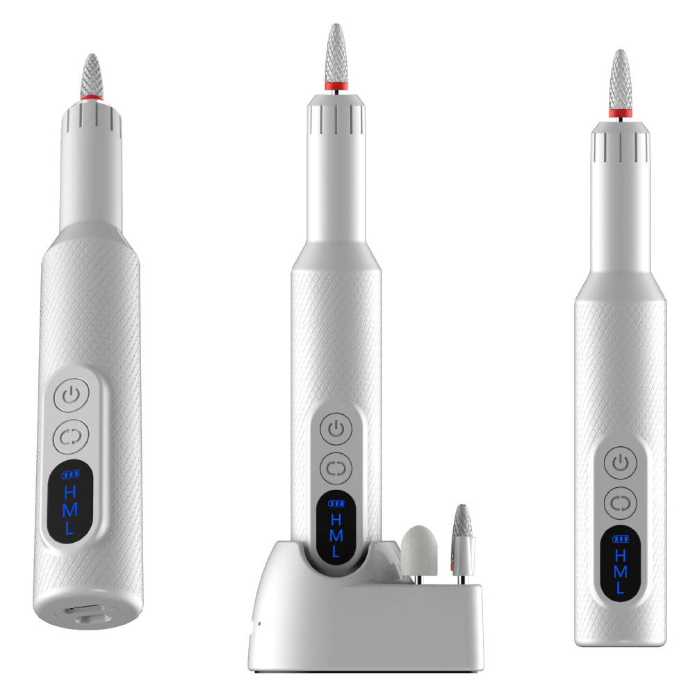 Wireless nail drill for manicure and pedicure, featuring adjustable speed and multiple drill bits in white color.